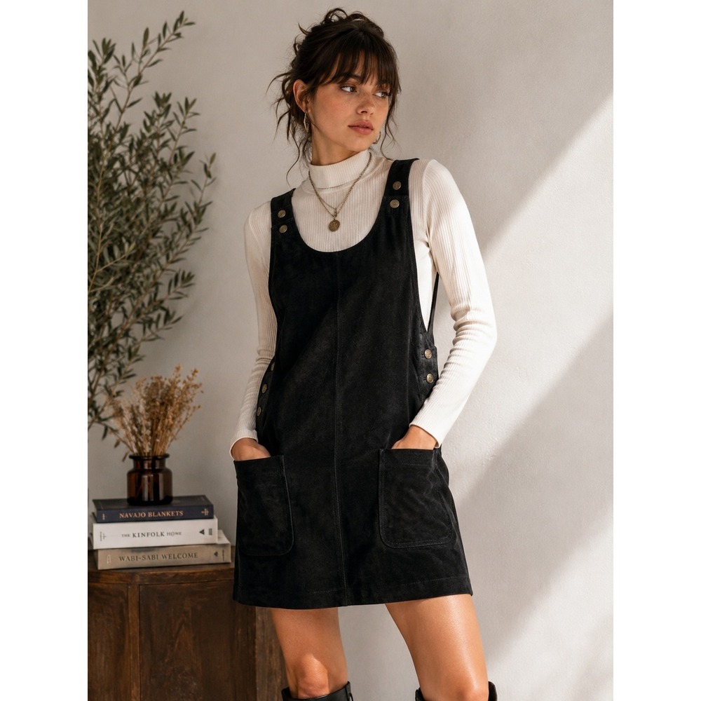 Vintage Moss Clothing Co Black Suede Leather Jumper Dress Pinafore Snap Pocket S